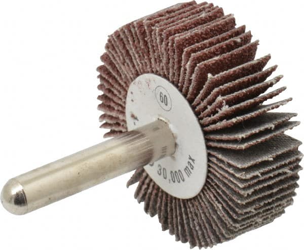 Camel Grinding Wheels - 1-1/2" Diam x 1/2" Face Width, Medium Aluminum Oxide Coated Mounted Flap Wheel - 1/4" Shank Mount, 60 Grit, 30,000 Max RPM - Exact Tooling