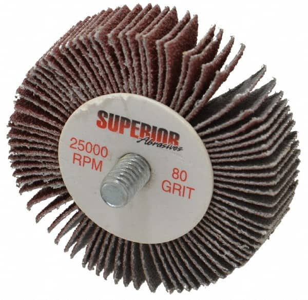 Superior Abrasives - 2" Diam x 1/2" Face Width, Medium Aluminum Oxide Coated Mounted Flap Wheel - 1/4-20 Threaded Mount, 80 Grit, X Weighted Cloth Backing, 25,000 Max RPM - Exact Tooling