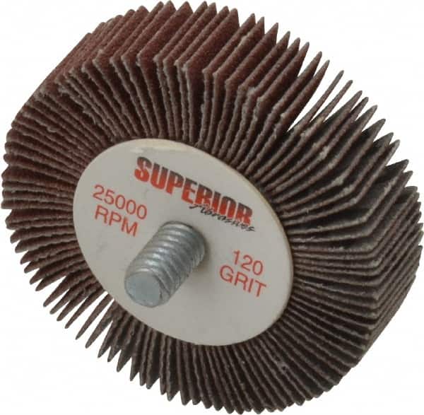 Superior Abrasives - 2" Diam x 1/2" Face Width, Fine Aluminum Oxide Coated Mounted Flap Wheel - 1/4-20 Threaded Mount, 120 Grit, X Weighted Cloth Backing, 25,000 Max RPM - Exact Tooling