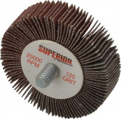 Superior Abrasives - 2" Diam x 1/2" Face Width, Fine Aluminum Oxide Coated Mounted Flap Wheel - 1/4-20 Threaded Mount, 120 Grit, X Weighted Cloth Backing, 25,000 Max RPM - Exact Tooling