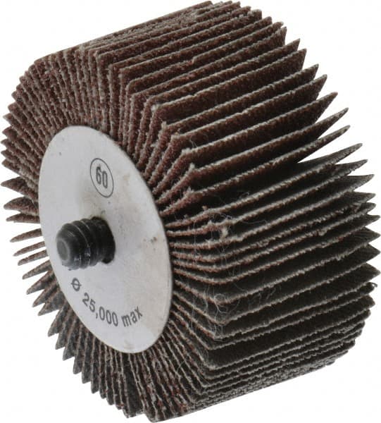 CGW Abrasives - 2" Diam x 1" Face Width, Medium Aluminum Oxide Coated Mounted Flap Wheel - 1/4-20 Threaded Mount, 60 Grit, 25,000 Max RPM - Exact Tooling