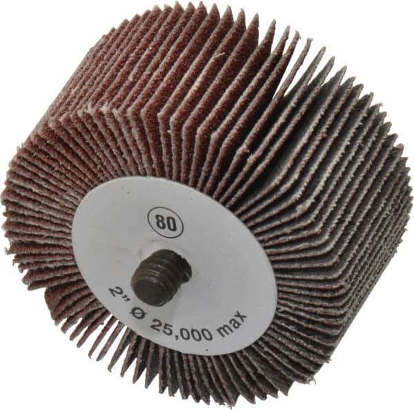 Camel Grinding Wheels - 2" Diam x 1" Face Width, Medium Aluminum Oxide Coated Mounted Flap Wheel - 1/4-20 Threaded Mount, 80 Grit, 25,000 Max RPM - Exact Tooling