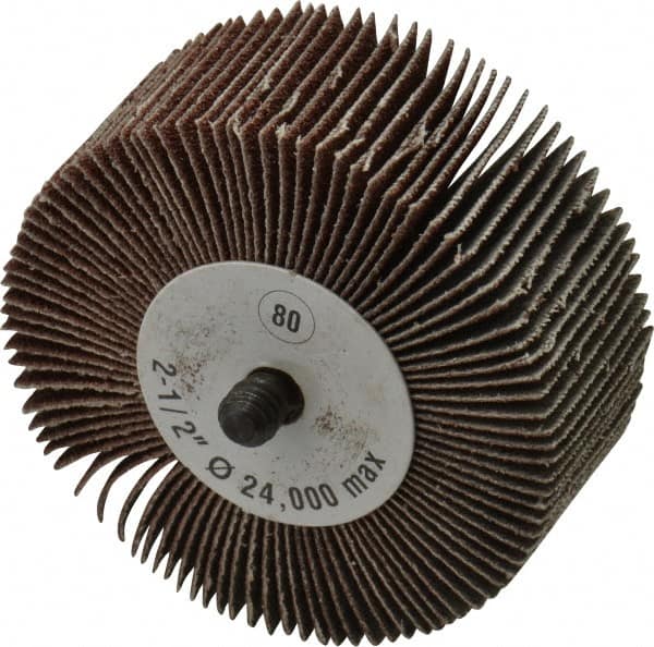 CGW Abrasives - 2-1/2" Diam x 1" Face Width, Medium Aluminum Oxide Coated Mounted Flap Wheel - 1/4-20 Threaded Mount, 80 Grit, 25,000 Max RPM - Exact Tooling