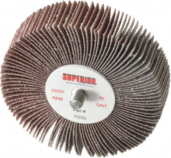 Superior Abrasives - 3" Diam x 3/4" Face Width, Medium Aluminum Oxide Coated Mounted Flap Wheel - 1/4-20 Threaded Mount, 80 Grit, 20,000 Max RPM - Exact Tooling