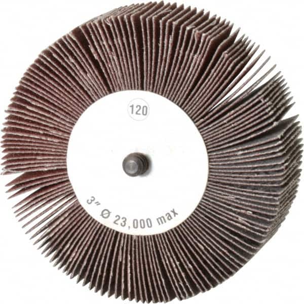 Camel Grinding Wheels - 3" Diam x 1" Face Width, Fine Aluminum Oxide Coated Mounted Flap Wheel - 1/4-20 Threaded Mount, 120 Grit, 20,000 Max RPM - Exact Tooling