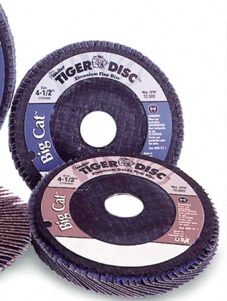 Weiler - 80 Grit, 7" Disc Diam, 7/8" Center Hole, Type 27 Zirconia Alumina Flap Disc - 8,600 Max RPM, Phenolic Backing, Arbor Attaching System, Coated - Exact Tooling