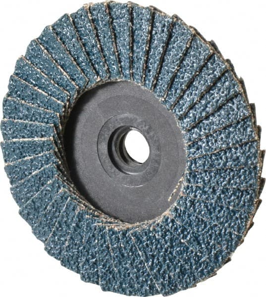 Weiler - 40 Grit, 3" Disc Diam, Type 29 Zirconia Alumina Flap Disc - 20,000 Max RPM, Plastic Backing, Quick Change Type S Attaching System, Coated - Exact Tooling