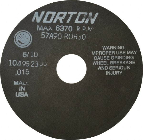Norton - 6" 90 Grit Aluminum Oxide Cutoff Wheel - 0.015" Thick, 1-1/4" Arbor, 6,370 Max RPM, Use with Stationary Tools - Exact Tooling