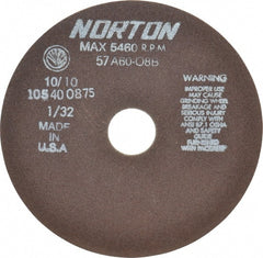 Norton - 7" 60 Grit Aluminum Oxide Cutoff Wheel - 1/32" Thick, 1-1/4" Arbor, 5,460 Max RPM, Use with Stationary Tools - Exact Tooling