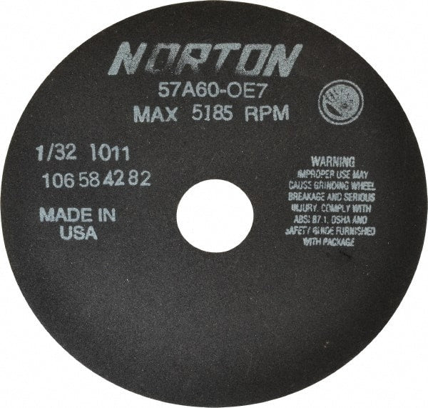 Norton - 7" 60 Grit Aluminum Oxide Cutoff Wheel - 1/32" Thick, 1-1/4" Arbor, 5,185 Max RPM, Use with Stationary Tools - Exact Tooling