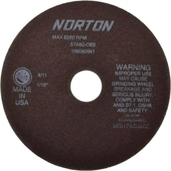 Norton - 7" 60 Grit Aluminum Oxide Cutoff Wheel - 1/16" Thick, 1-1/4" Arbor, 6,550 Max RPM, Use with Stationary Tools - Exact Tooling