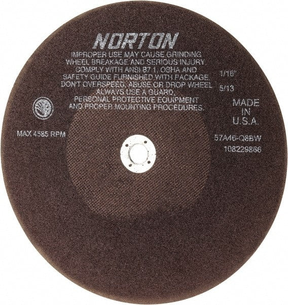 Norton - 10" 46 Grit Aluminum Oxide Cutoff Wheel - 1/16" Thick, 5/8" Arbor, 4,585 Max RPM, Use with Stationary Tools - Exact Tooling