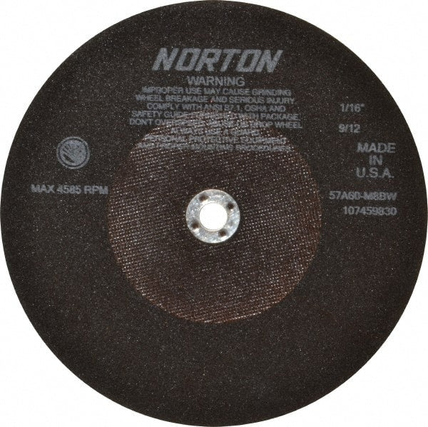 Norton - 10" 60 Grit Aluminum Oxide Cutoff Wheel - 1/16" Thick, 5/8" Arbor, 4,585 Max RPM, Use with Stationary Tools - Exact Tooling