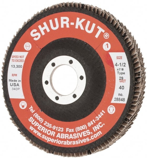 Superior Abrasives - 40 Grit, 4-1/2" Disc Diam, 7/8" Center Hole, Type 29 Zirconia Alumina Flap Disc - 13,000 Max RPM, Fiberglass Backing, Arbor Attaching System, Coated - Exact Tooling