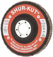 Superior Abrasives - 40 Grit, 4-1/2" Disc Diam, 7/8" Center Hole, Type 29 Zirconia Alumina Flap Disc - 13,000 Max RPM, Fiberglass Backing, Arbor Attaching System, Coated - Exact Tooling