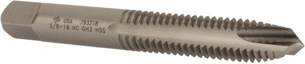 Made in USA - 3/8-16 UNC, 3 Flute, Bright Finish, High Speed Steel Spiral Point Tap - Plug Chamfer, Right Hand Thread, 2-15/16" OAL, 1-1/4" Thread Length, 0.381" Shank Diam, 3B Class of Fit - Exact Tooling