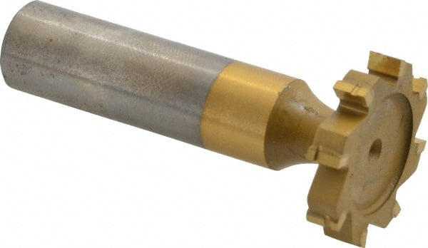 Made in USA - 1" Diam x 3/16" Face Width, Carbide-Tipped, 8 Teeth, Shank Connection Woodruff Keyseat Cutter - TiN Finish, 2-3/16" OAL x 1/2" Shank, Straight Teeth, ANSI 608, Old Standard 13 - Exact Tooling