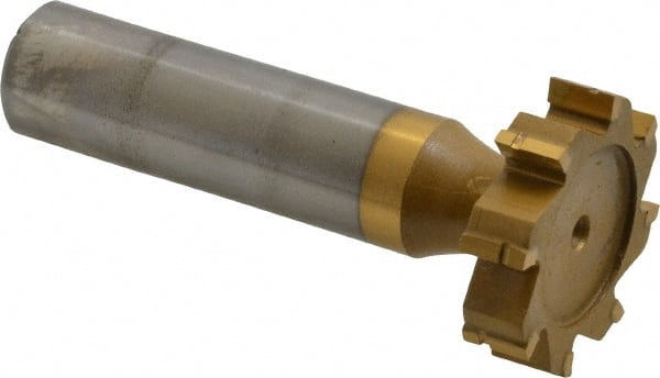 Made in USA - 1" Diam x 1/4" Face Width, Carbide-Tipped, 8 Teeth, Shank Connection Woodruff Keyseat Cutter - TiN Finish, 2-1/4" OAL x 1/2" Shank, Straight Teeth, ANSI 808, Old Standard 15 - Exact Tooling