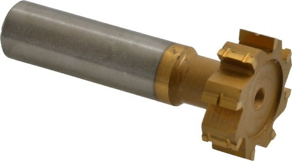 Made in USA - 1" Diam x 5/16" Face Width, Carbide-Tipped, 8 Teeth, Shank Connection Woodruff Keyseat Cutter - TiN Finish, 2-5/16" OAL x 1/2" Shank, Straight Teeth, ANSI 1008, Old Standard B - Exact Tooling