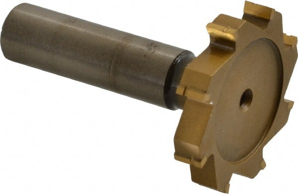 Made in USA - 1-1/2" Diam x 1/4" Face Width, Carbide-Tipped, 8 Teeth, Shank Connection Woodruff Keyseat Cutter - TiN Finish, 2-1/4" OAL x 1/2" Shank, Straight Teeth, ANSI 812, Old Standard 24 - Exact Tooling