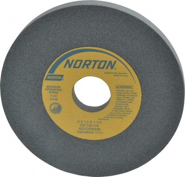 Norton - 6" Diam x 1-1/4" Hole x 1/2" Thick, I Hardness, 120 Grit Surface Grinding Wheel - Silicon Carbide, Type 1, Fine Grade, 4,140 Max RPM, Vitrified Bond, No Recess - Exact Tooling