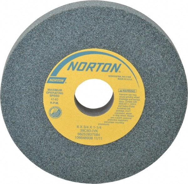 Norton - 6" Diam x 1-1/4" Hole x 3/4" Thick, I Hardness, 60 Grit Surface Grinding Wheel - Silicon Carbide, Type 1, Medium Grade, 4,140 Max RPM, Vitrified Bond, No Recess - Exact Tooling