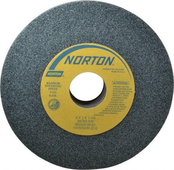 Norton - 6" Diam x 1-1/4" Hole x 1" Thick, I Hardness, 60 Grit Surface Grinding Wheel - Silicon Carbide, Type 1, Medium Grade, 4,140 Max RPM, Vitrified Bond, No Recess - Exact Tooling