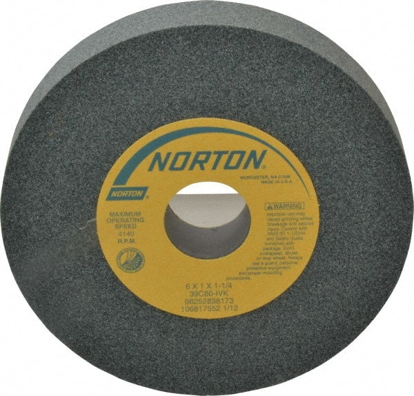 Norton - 6" Diam x 1-1/4" Hole x 1" Thick, I Hardness, 80 Grit Surface Grinding Wheel - Silicon Carbide, Type 1, Medium Grade, 4,140 Max RPM, Vitrified Bond, No Recess - Exact Tooling