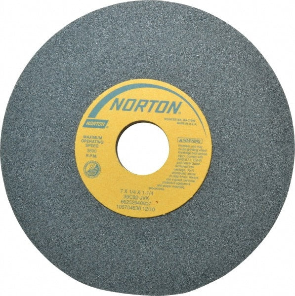 Norton - 7" Diam x 1-1/4" Hole x 1/4" Thick, J Hardness, 80 Grit Surface Grinding Wheel - Silicon Carbide, Type 1, Medium Grade, 3,600 Max RPM, Vitrified Bond, No Recess - Exact Tooling