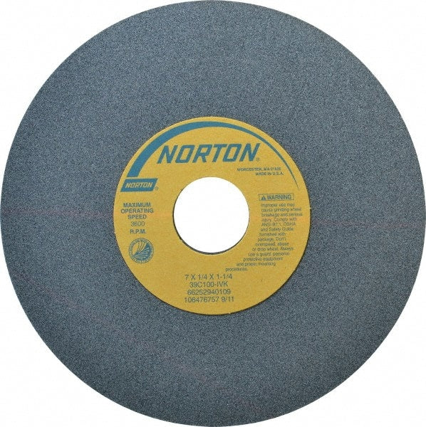 Norton - 7" Diam x 1-1/4" Hole x 1/4" Thick, I Hardness, 100 Grit Surface Grinding Wheel - Silicon Carbide, Type 1, Fine Grade, 3,600 Max RPM, Vitrified Bond, No Recess - Exact Tooling