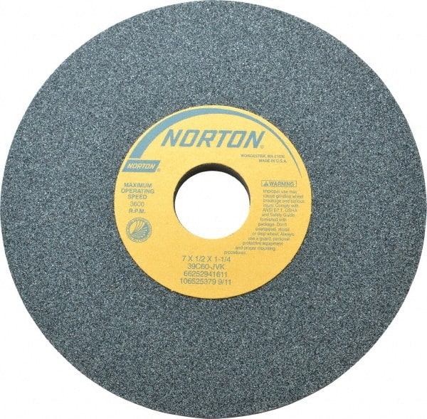 Norton - 7" Diam x 1-1/4" Hole x 1/2" Thick, J Hardness, 60 Grit Surface Grinding Wheel - Silicon Carbide, Type 1, Medium Grade, 3,600 Max RPM, Vitrified Bond, No Recess - Exact Tooling