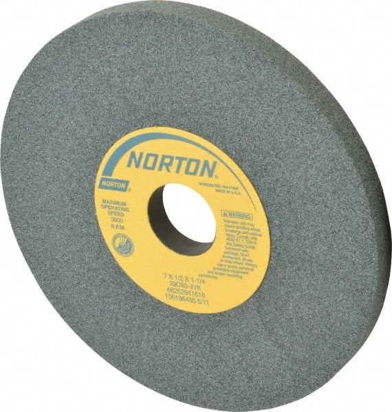 Norton - 7" Diam x 1-1/4" Hole x 1/2" Thick, J Hardness, 80 Grit Surface Grinding Wheel - Silicon Carbide, Type 1, Medium Grade, 3,600 Max RPM, Vitrified Bond, No Recess - Exact Tooling