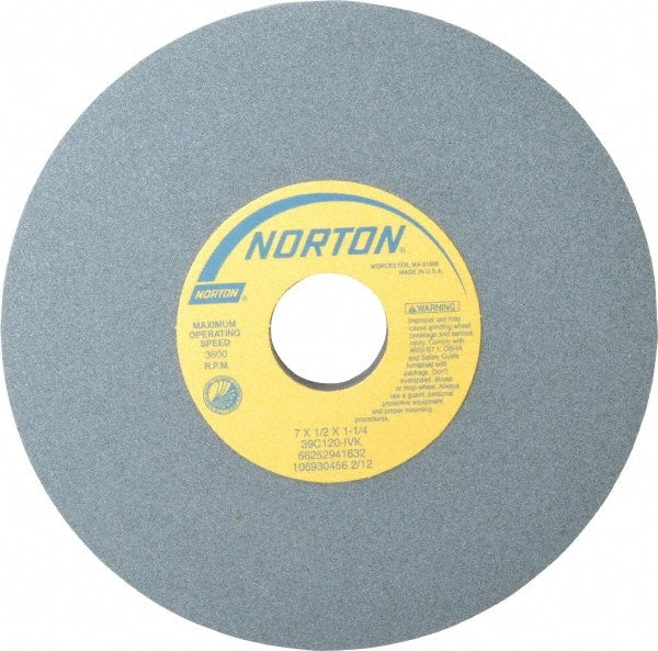 Norton - 7" Diam x 1-1/4" Hole x 1/2" Thick, I Hardness, 120 Grit Surface Grinding Wheel - Silicon Carbide, Type 1, Fine Grade, 3,600 Max RPM, Vitrified Bond, No Recess - Exact Tooling