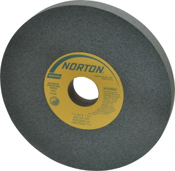 Norton - 7" Diam x 1-1/4" Hole x 3/4" Thick, J Hardness, 100 Grit Surface Grinding Wheel - Silicon Carbide, Type 1, Fine Grade, 3,600 Max RPM, Vitrified Bond, No Recess - Exact Tooling