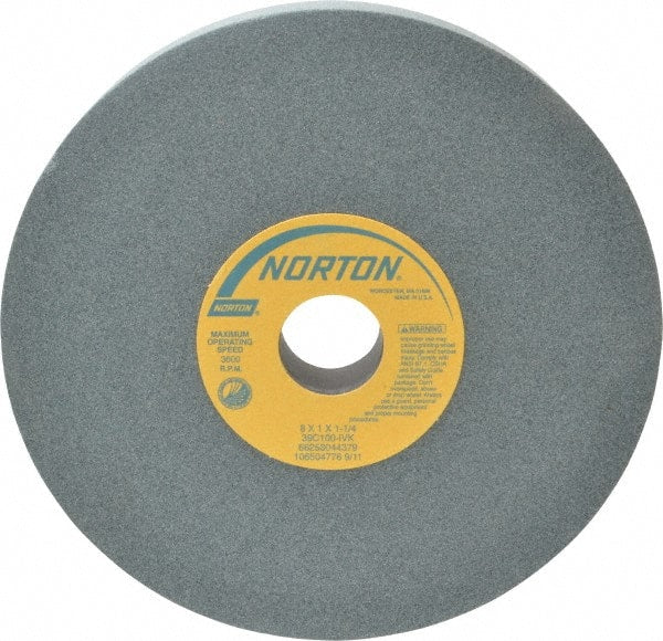Norton - 8" Diam x 1-1/4" Hole x 1" Thick, I Hardness, 100 Grit Surface Grinding Wheel - Silicon Carbide, Type 1, Fine Grade, 3,600 Max RPM, Vitrified Bond, No Recess - Exact Tooling