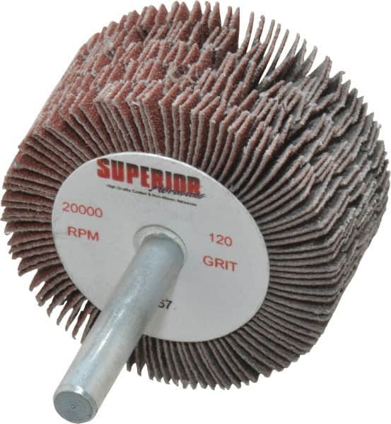 Superior Abrasives - 2" Diam x 1" Face Width, Fine Aluminum Oxide Coated Mounted Flap Wheel - 1/4" Shank Mount, 120 Grit, J Weighted Cloth Backing, 14,000 Max RPM - Exact Tooling