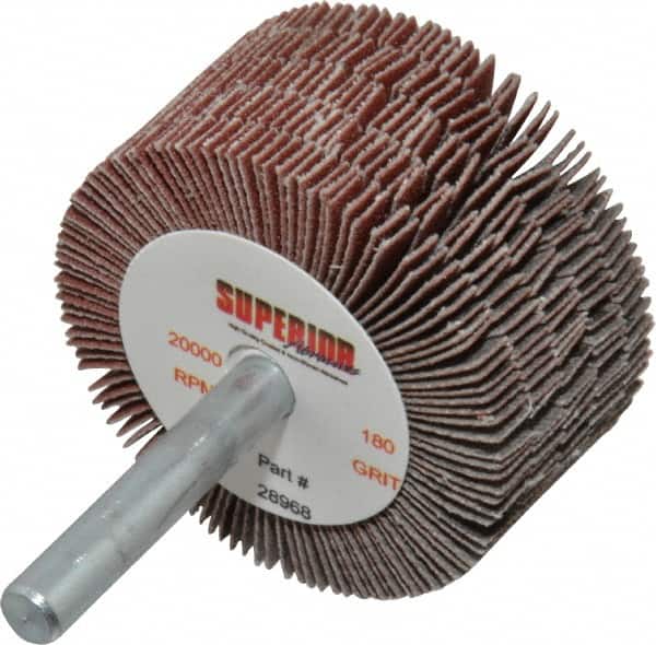 Superior Abrasives - 2" Diam x 1" Face Width, Very Fine Aluminum Oxide Coated Mounted Flap Wheel - 1/4" Shank Mount, 180 Grit, J Weighted Cloth Backing, 14,000 Max RPM - Exact Tooling