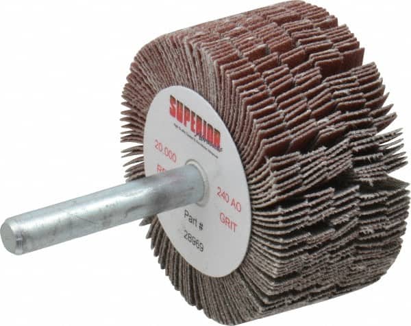 Superior Abrasives - 2" Diam x 1" Face Width, Very Fine Aluminum Oxide Coated Mounted Flap Wheel - 1/4" Shank Mount, 240 Grit, J Weighted Cloth Backing, 14,000 Max RPM - Exact Tooling