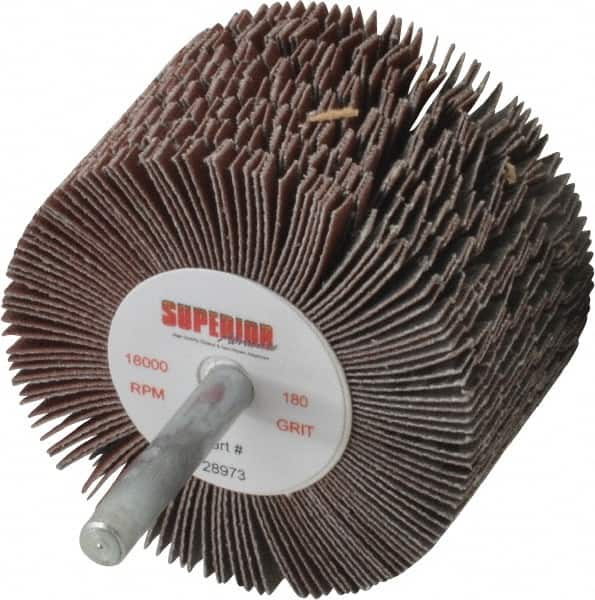Superior Abrasives - 2-1/2" Diam x 1-1/2" Face Width, Very Fine Aluminum Oxide Coated Mounted Flap Wheel - 1/4" Shank Mount, 180 Grit, J Weighted Cloth Backing, 9,000 Max RPM - Exact Tooling