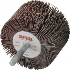 Superior Abrasives - 2-1/2" Diam x 1-1/2" Face Width, Very Fine Aluminum Oxide Coated Mounted Flap Wheel - 1/4" Shank Mount, 180 Grit, J Weighted Cloth Backing, 9,000 Max RPM - Exact Tooling