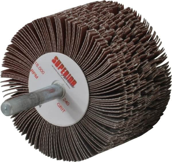 Superior Abrasives - 2-1/2" Diam x 1-1/2" Face Width, Very Fine Aluminum Oxide Coated Mounted Flap Wheel - 1/4" Shank Mount, 240 Grit, J Weighted Cloth Backing, 9,000 Max RPM - Exact Tooling