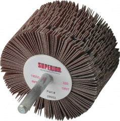 Superior Abrasives - 2-1/2" Diam x 1-1/2" Face Width, Extra Fine Aluminum Oxide Coated Mounted Flap Wheel - 1/4" Shank Mount, 320 Grit, J Weighted Cloth Backing, 9,000 Max RPM - Exact Tooling