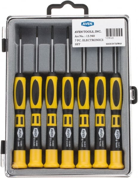 Aven - 7 Piece Phillips & Slotted Screwdriver Set - Soft Touch Handle, Bit Sizes: Philips #00 to #1 - Exact Tooling