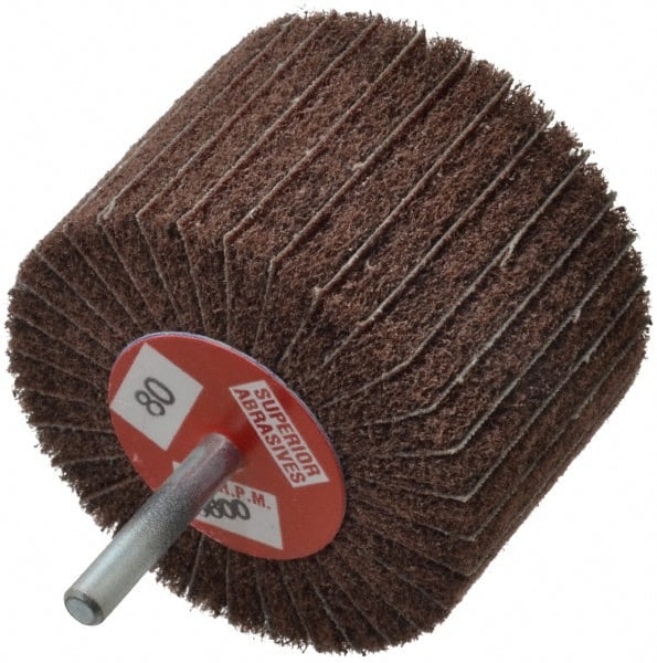 Superior Abrasives - 3" Diam x 2" Face Width, Medium Aluminum Oxide Coated Mounted Flap Wheel - 1/4" Shank Mount, 80 Grit, Interleaf, 8,000 Max RPM - Exact Tooling