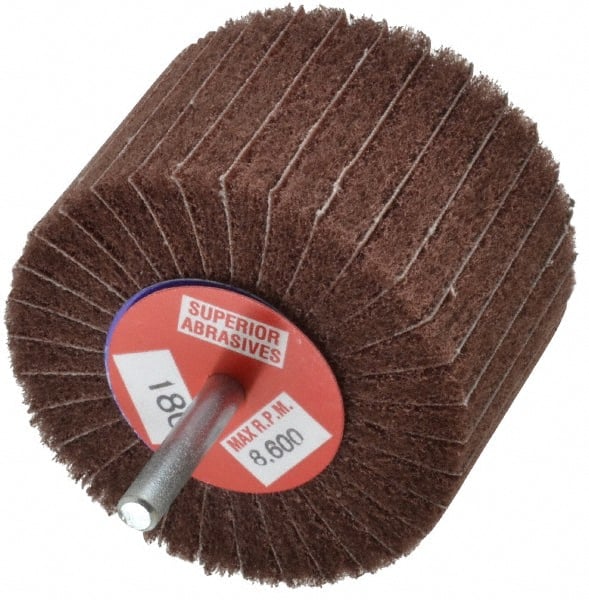 Superior Abrasives - 3" Diam x 2" Face Width, Very Fine Aluminum Oxide Coated Mounted Flap Wheel - 1/4" Shank Mount, 180 Grit, Interleaf, 8,000 Max RPM - Exact Tooling