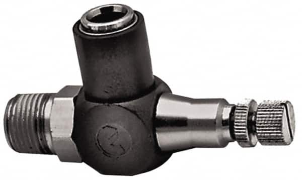 Norgren - 1/2" Tube Inlet x 1/2" NPTF Outlet Right Angle Adjustable Flow Control Valve - 5 to 150 psi, Needle Valve & Thermoplastic Material - Exact Tooling