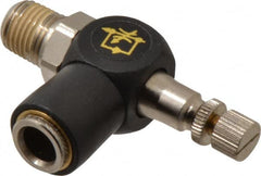 Norgren - 3/8" Tube Inlet x 1/4" NPTF Outlet Right Angle Adjustable Flow Control Valve - 5 to 150 psi, Needle Valve & Thermoplastic Material - Exact Tooling