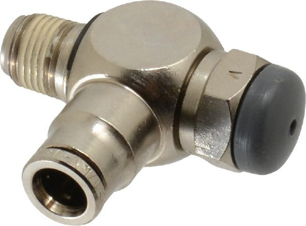Norgren - 1/8" Tube Inlet x 1/4" NPT Outlet Tamper Resistant Flow Control Valve - 5 to 150 psi, Needle Valve & Brass Material - Exact Tooling