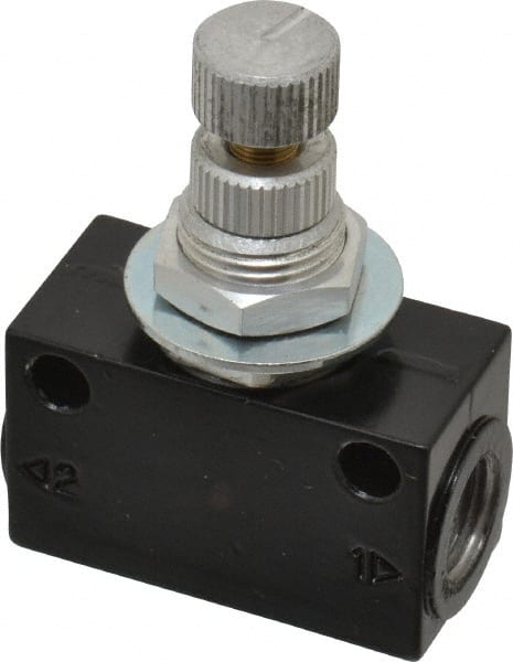 Norgren - 1/8" NPT Inlet x 1/8" NPT Outlet In-Line Flow Control Valve - 15 to 145 psi, Needle Valve & Aluminum Material - Exact Tooling