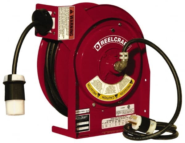 Reelcraft - 12 AWG, 45' Cable Length, Cord & Cable Reel with Twist Lock Receptacle End - 1 Outlet, NEMA L5-20R, 20 Amps, 125 Volts, SJEOOW Cable, Red Reel - Exact Tooling